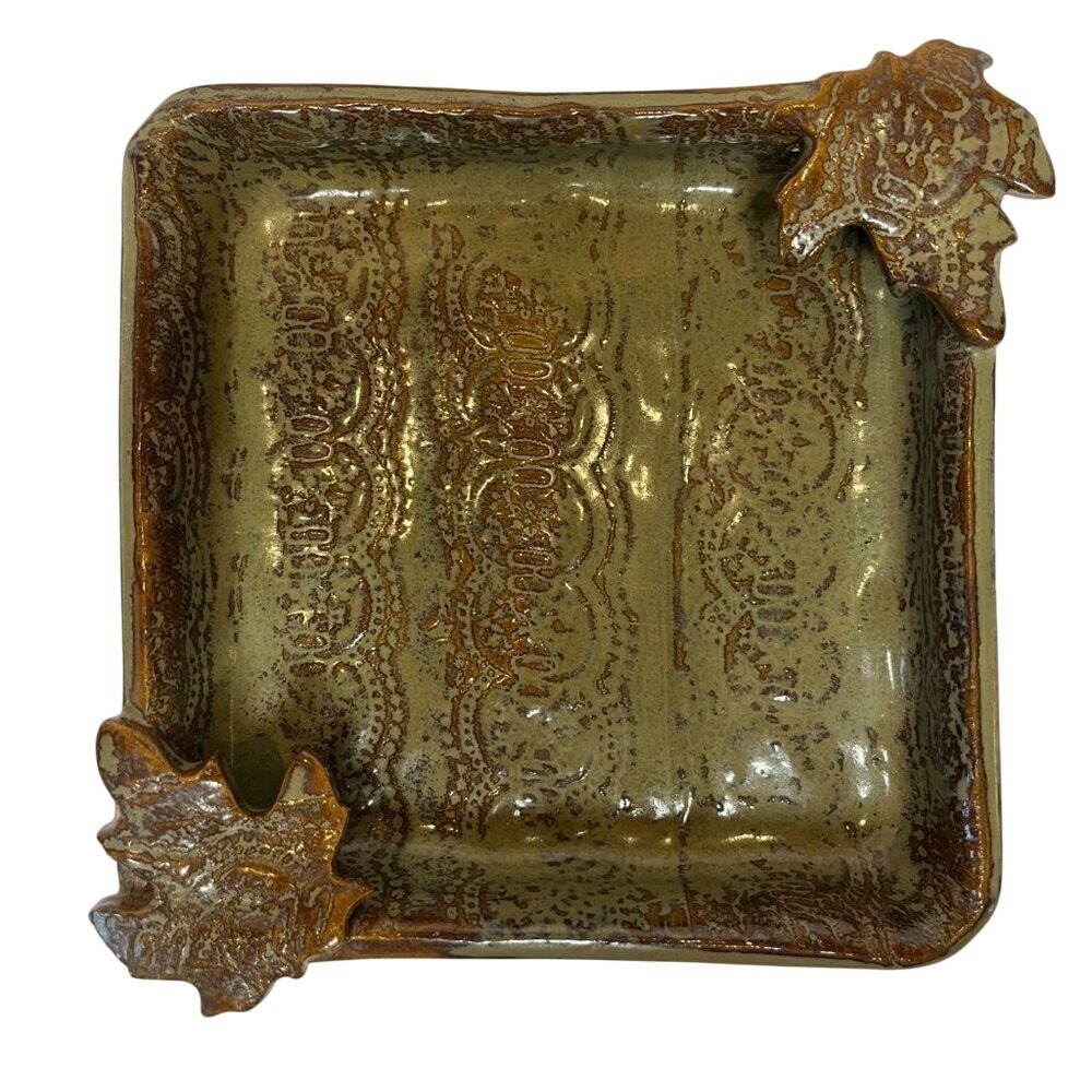 Artisan Handmade‎ Signed Studio Art Pottery Cocktail Napkin Holder Leaf Designs